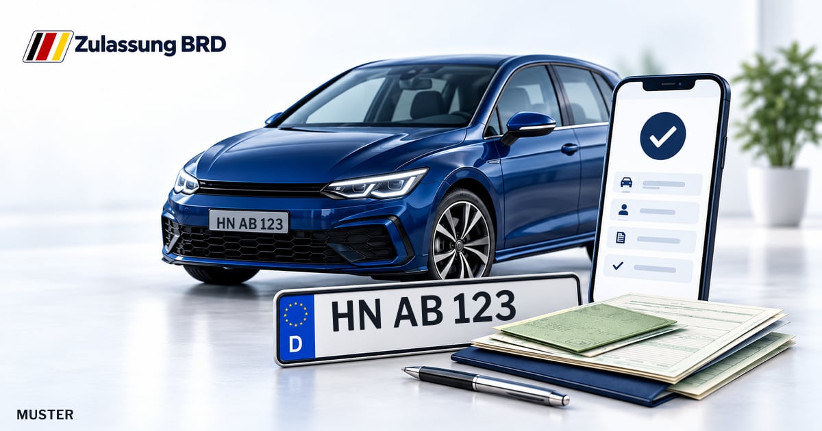 Online Fahrzeugzulassung in Neckarsulm: Musterkennzeichen HN AB 123, Auto und Fahrzeugpapiere und Smartphone. Illustration mit Logo von Zulassung BRD.